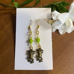 Gold Frog Dangle Earrings with Green Beads